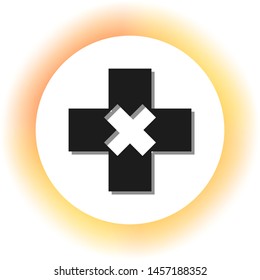 First aid sign illustration. Dark icon with shadow on the glowing circle button. Illustration.