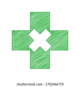 First aid sign illustration. Green scribble Icon with solid contour on white background. Illustration.
