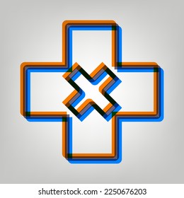 First aid sign illustration. Stroked Icon in orange, azure and old lavender Colors at gray Background. Illustration.