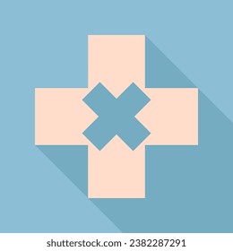 First aid sign illustration. Unbleached silk Icon with very long shadow at dark sky blue background. Illustration.