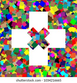 First aid sign illustration. Vector. White icon on colorful background with seamless pattern from squares.