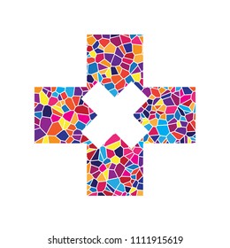 First aid sign illustration. Vector. Stained glass icon on white background. Colorful polygons. Isolated.