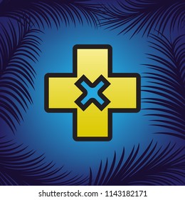 First aid sign illustration. Vector. Golden icon with black contour at blue background with branches of palm trees.
