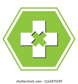 First aid sign illustration. Vector. White icon with black shadow at yellow green honeycomb on white background.
