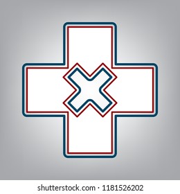 First aid sign illustration. Vector. Dark red, transparent and midnight green stroke of white icon at grayish background.