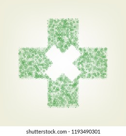First aid sign illustration. Vector. Green hexagon rastered icon and noised opacity and size at light green background with central light.