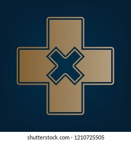 First aid sign illustration. Vector. Golden icon and border at dark cyan background.