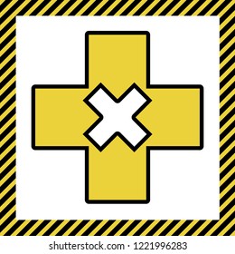First aid sign illustration. Vector. Warm yellow icon with black contour in frame named as under construction at white background. Isolated.