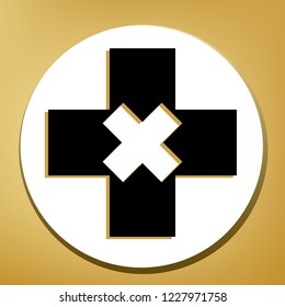 First aid sign illustration. Vector. Black icon with light brown shadow in white circle with shaped ring at golden background.