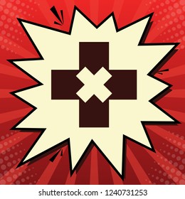 First aid sign illustration. Vector. Dark red icon in lemon chiffon shutter bubble at red popart background with rays.