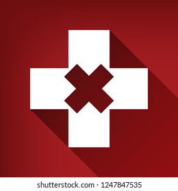 First aid sign illustration. Vector. White icon with limitless shadow at ruby red background.