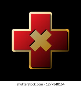 First aid sign illustration. Vector. Red icon with small black and limitless shadows at golden sticker on black background.