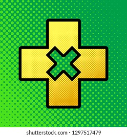 First aid sign illustration. Vector. Pop art orange to yellow dots-gradient icon with black contour at greenish background.