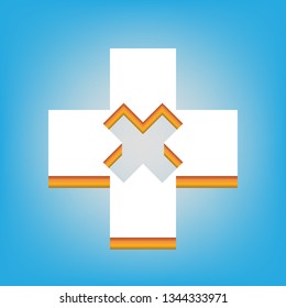 First aid sign illustration. Vector. White icon with 3d warm-colored gradient body at sky blue background.