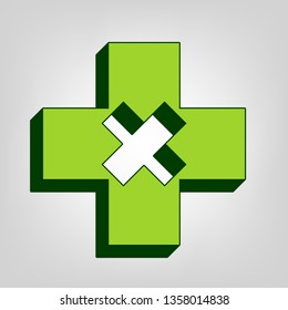 First aid sign illustration. Vector. Yellow green solid icon with dark green external body at light colored background.