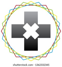First aid sign illustration. Vector. Black icon with patch of light inside colorful hexagonal frames at white background.