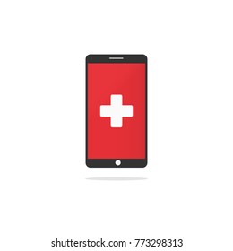 First aid sign on device screen. White cross on red background