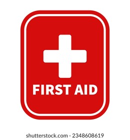 First Aid Sign In Red Potrait Rounded Shape With White Line For Medical
