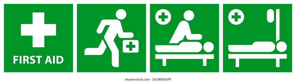 Conjunto de signos de primeros auxilios. Iconos de medicina de emergencia. Etiquetas de asistencia médica. Designación del área de reanimación.
