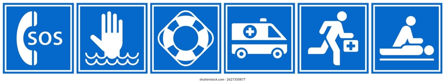First aid sign set. Emergency icons. Sos, ambulance, paramedic, hospital, resuscitation, fire action, lifebuoy, lifeguard symbols. Emergency assistance labels. Emergency situation signs.