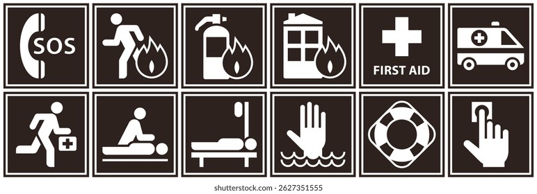 First aid sign set. Emergency icons. Sos, ambulance, paramedic, hospital, resuscitation, fire action, lifebuoy, lifeguard symbols. Emergency assistance labels. Emergency situation signs.