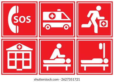 First aid sign set. Emergency medicine icons. Sos, ambulance, paramedic, hospital, resuscitation and intravenous therapy symbols. Medical assistance labels. 