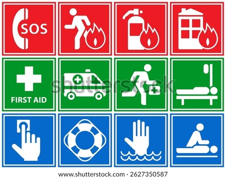 First aid sign set. Fire action, emergency medicine and beach rescue symbols. Emergency action labels. Emergency situation icons.