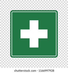 First aid sign. White cross on Green square 
