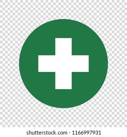 First aid sign. White cross on Green square 