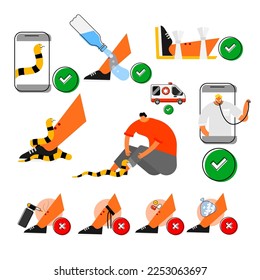 First aid of snake bite elements. Illustration of snake bite management on isolated background.