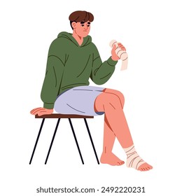 First aid in sprain, break of leg. Sad person sits, puts bandage on wound. Victim apply dressing to injury. Medical help in emergency accident. Flat isolated vector illustration on white background