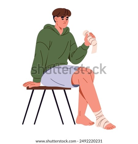 First aid in sprain, break of leg. Sad person sits, puts bandage on wound. Victim apply dressing to injury. Medical help in emergency accident. Flat isolated vector illustration on white background