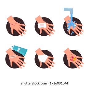 First Aid Step For Wound Skin Help. Vector Flat Cartoon Graphic Design Illustration