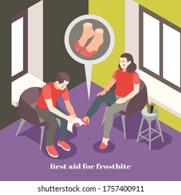 First aid steps for frostbite isometric background composition with rewarming frostbitten toes drinking warm liquid vector illustration