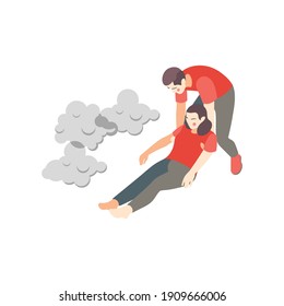 First aid steps isometric composition with man carrying woman poisoned with carbon monoxide vector illustration