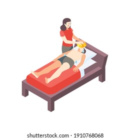 First aid steps isometric composition with woman placing cold compress on male forehead vector illustration