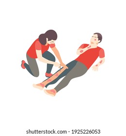 First aid steps isometric composition with woman injecting pain killers in male body with burns vector illustration