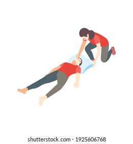 First aid steps isometric composition with woman helping injured man lying on pillow vector illustration