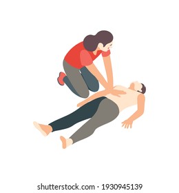 First aid steps isometric composition with view of resuscitation with closed chest cardiac massage vector illustration