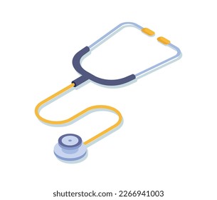 First aid stethoscope. Inventory for listening to bronchial tubes and making diagnosis to patient. Therapists instrument for examination. Cartoon isometric vector illustration