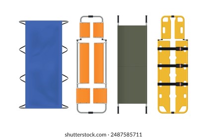 First aid stretcher medical ambulance tool different shape top view set realistic vector illustration. Emergency rescue equipment for patient lying carrying injured urgency transportation with bandage