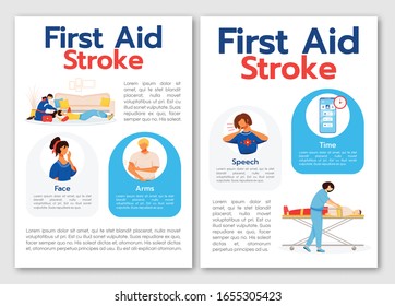 First aid for stroke flat vector brochure template. Emergency medical help. Flyer, booklet, printable leaflet design. Magazine page, cartoon annual reports, infographic posters with text space