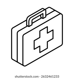 First aid suitcase with cross for medical emergencies. Isometric vector icon. Editable stroke.