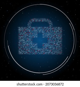 Símbolo de primeros auxilios lleno de puntos blancos. Estilo de puntillismo. Algunos puntos son rojos. Ilustración vectorial sobre fondo azul con estrellas