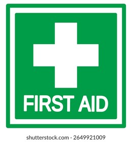 First aid symbol icon. Green medical sign with white cross and FIRST AID text. Health care emergency vector illustration on white background.