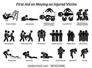 First aid techniques on moving an injured victim stick figures icons. Vector illustrations of the methods, procedures, and how to move or relocating an injured person. 