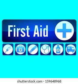 first aid text, accompanied by first aid icons.