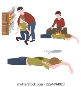 First aid for thermal injuries of the body and fires. Medical infographic. Vector illustration