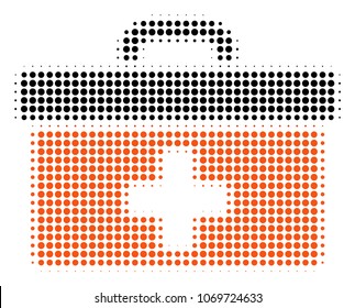 First Aid Toolbox halftone vector pictogram. Illustration style is dotted iconic First Aid Toolbox icon symbol on a white background. Halftone texture is round dots.