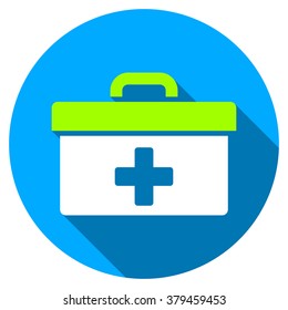 First Aid Toolbox long shadow icon. Style is a light flat symbol with rounded angles on a blue round button.